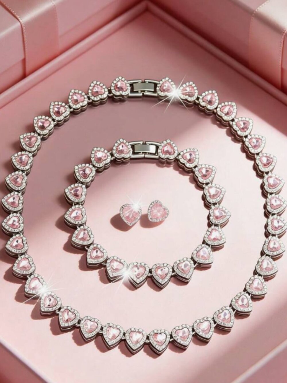 Pink Heart Crystal Jewelry Set – Necklace Bracelet Earrings | Silver Tone